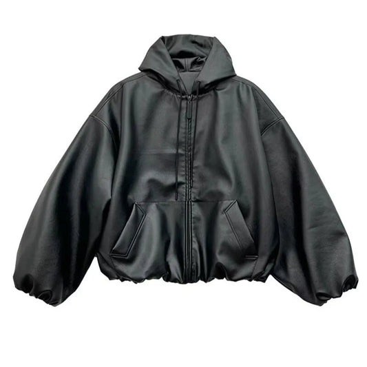 Black Color Pu Leather WIndbreaker Coat